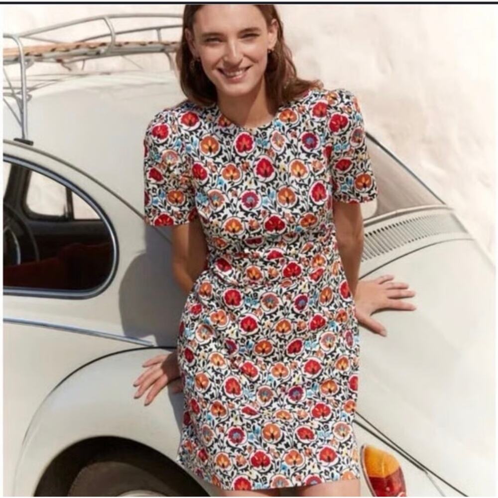 Boden Floral Midi Dress in Red, Orange, Purple
